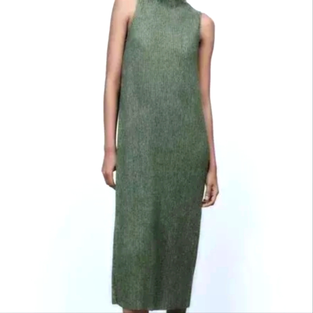 NWT Zara Sleeveless Mockneck Maxi Dress Soft Stretchy Heathered Green L
